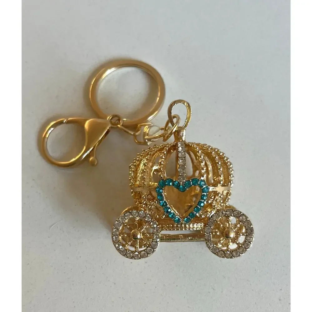 Cinderlla's Carriage Bag Charm, Gold & Blue Rhinestones, 3D Keychain